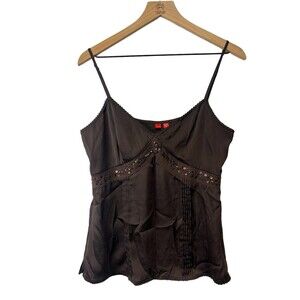 Y2K 2000s Esprit Brown Satin Beaded Sequin Boho Fairy Grunge Cami Tank Top Large
